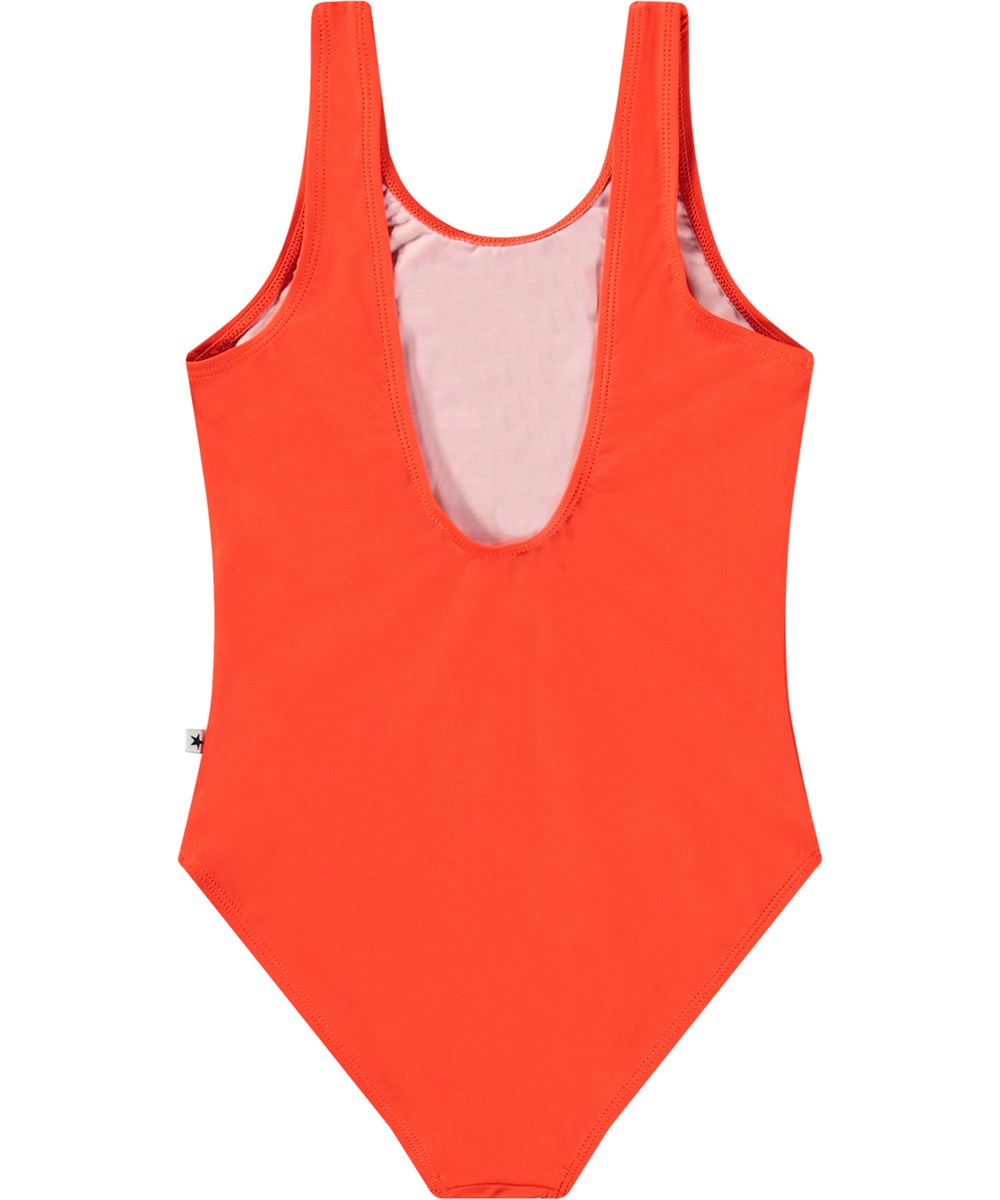 Nika - Glitter Strawberry - Rode badpak van gerecycled polyester met UV-bescherming 50+ gemaakt voor actieve kinderen.