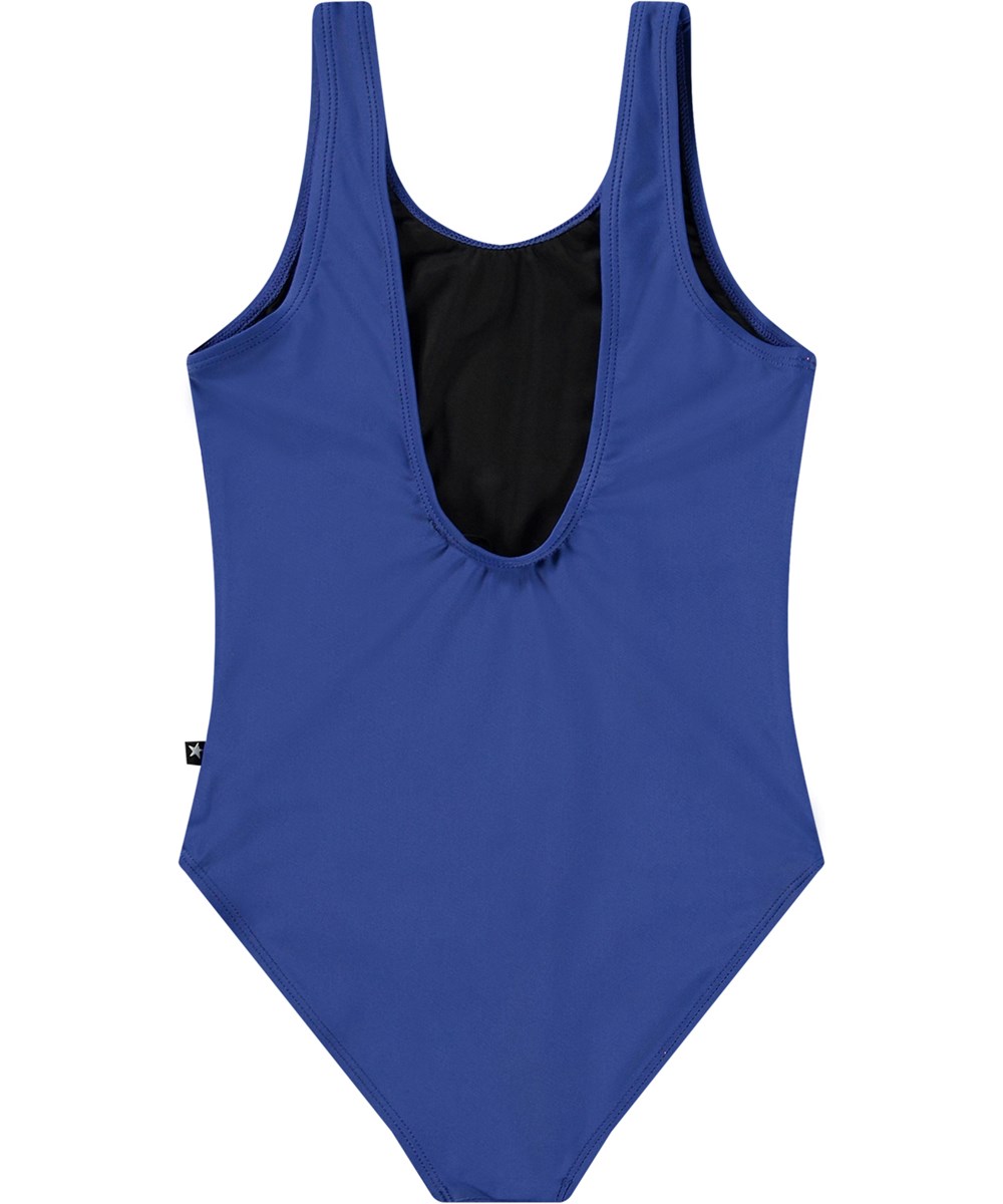 Nika - Sparkling Fruit - Blauwe badpak van gerecycled polyester met UV-bescherming 50+ gemaakt voor actieve kinderen.