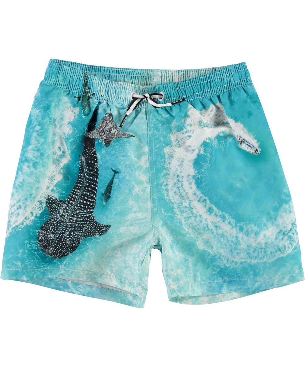 Niko - Boat Spin - Blauwe UV zwemshort met speedboot en haaien