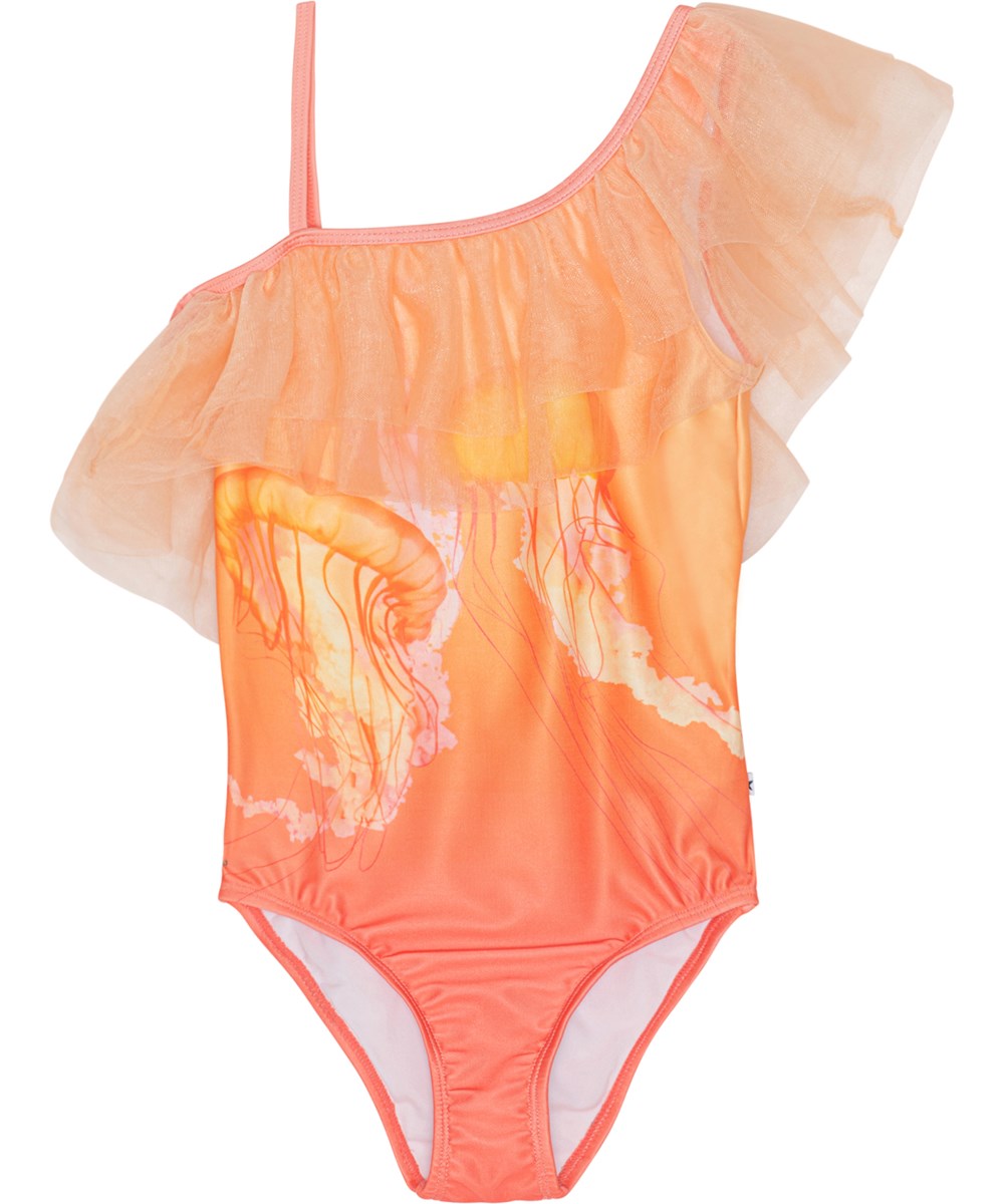 Nilla - Jellyfish - Asymmetrische chiffon badpak in het oranje met een kwal