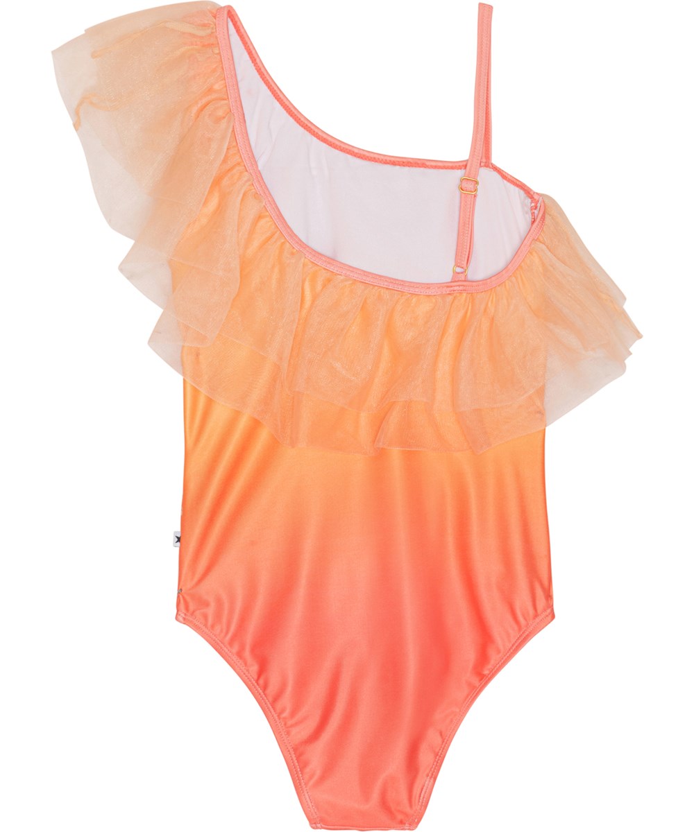 Nilla - Jellyfish - Asymmetrische chiffon badpak in het oranje met een kwal