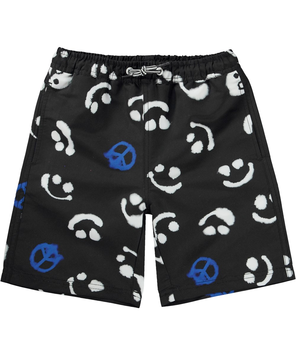 Nilson - Blue Signs - Zwarte zwemshort met lange pijpen en een aquarel print