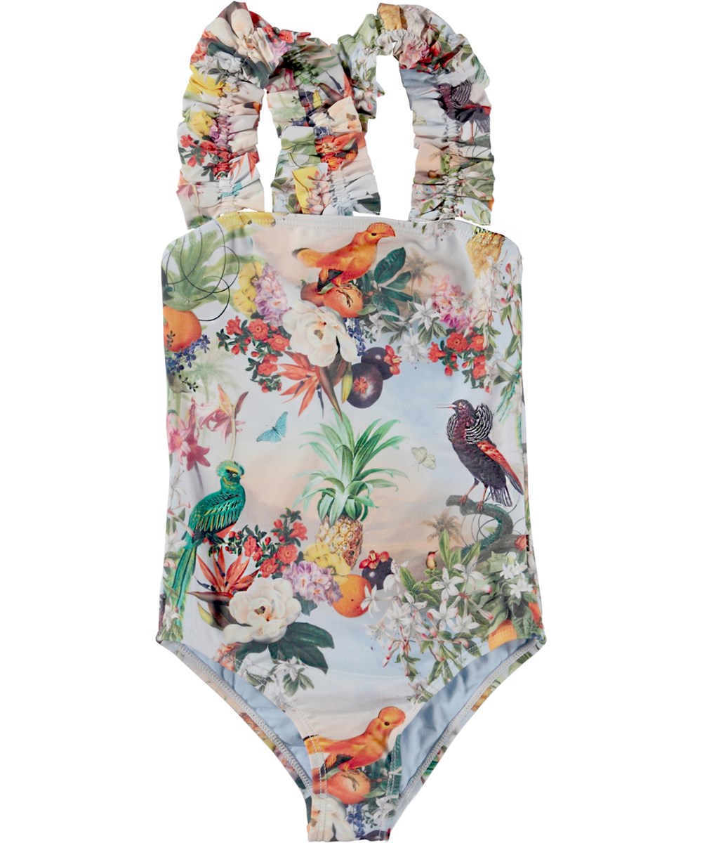 Nitika - Tropical Art - Lichtblauwe badpak met een print van tropische vogels en bloemen
