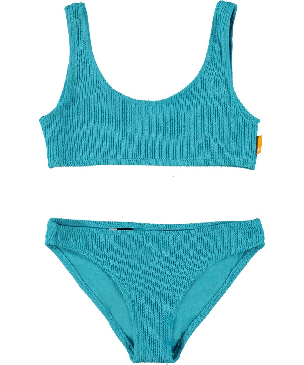 Nola - Turquoise Sea - Turquoise golvende bikini met smockeffect