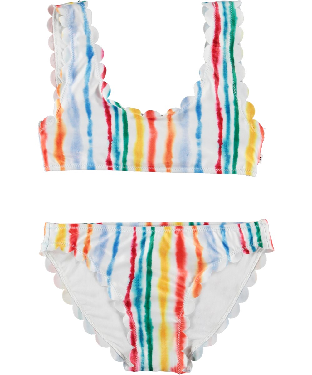 Nolina - Watercolours - Witte bikini met golvende boord en kleurrijke strepen