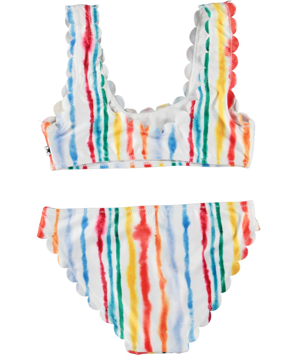 Nolina - Watercolours - Witte bikini met golvende boord en kleurrijke strepen