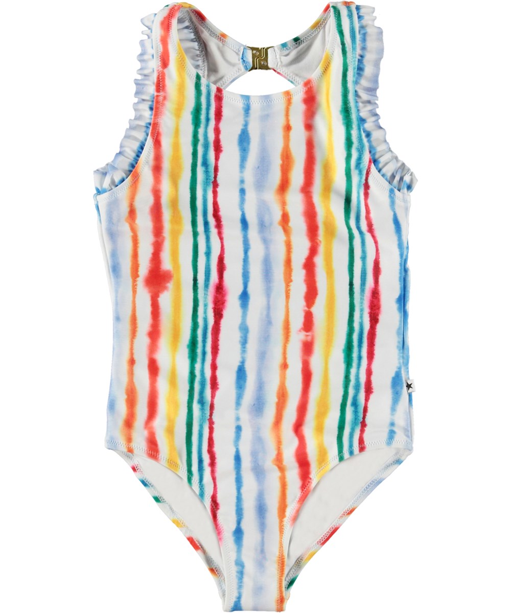 Noona - Watercolours - kleurrijke gestreepte badpak met open rug en aquarel print