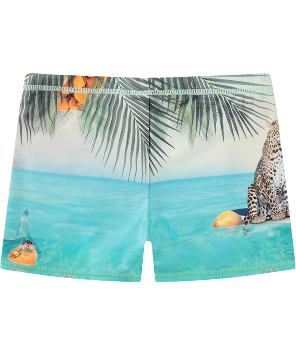 Norton Placed - Leo On Surf - Zwemsbroek van gerecycled polyester met UV-bescherming 50+ gemaakt voor actieve kinderen.