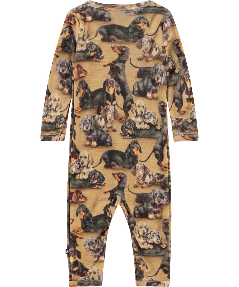 Fahari Wool - Dachshunds - Brun bheldräkt för baby i Merinoull med taxar.