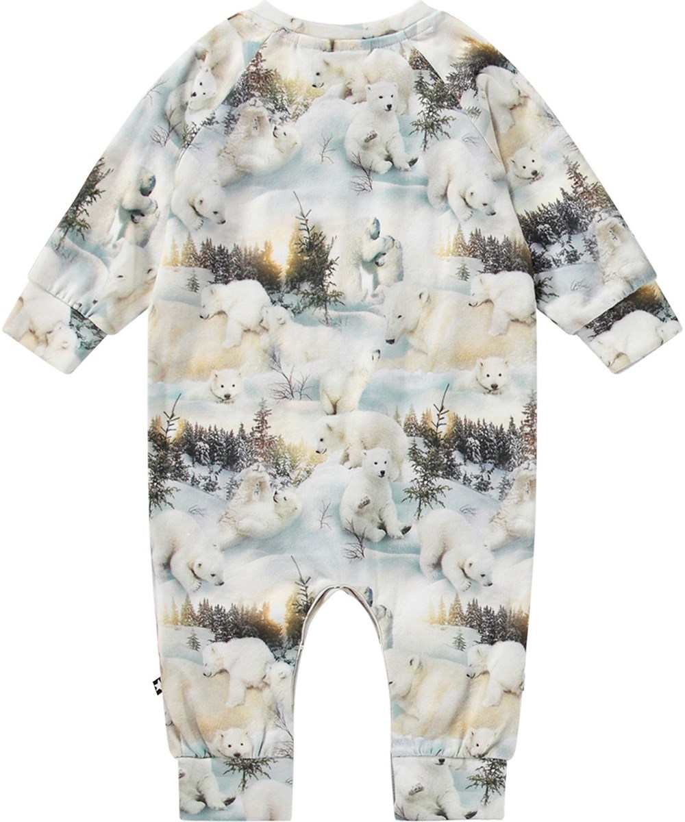 Fairfax - Snowy Bears - Jersey jumpsuit för de små i mjuk ekologisk bomull med ett mönster av isbjörnar över hela plagget.