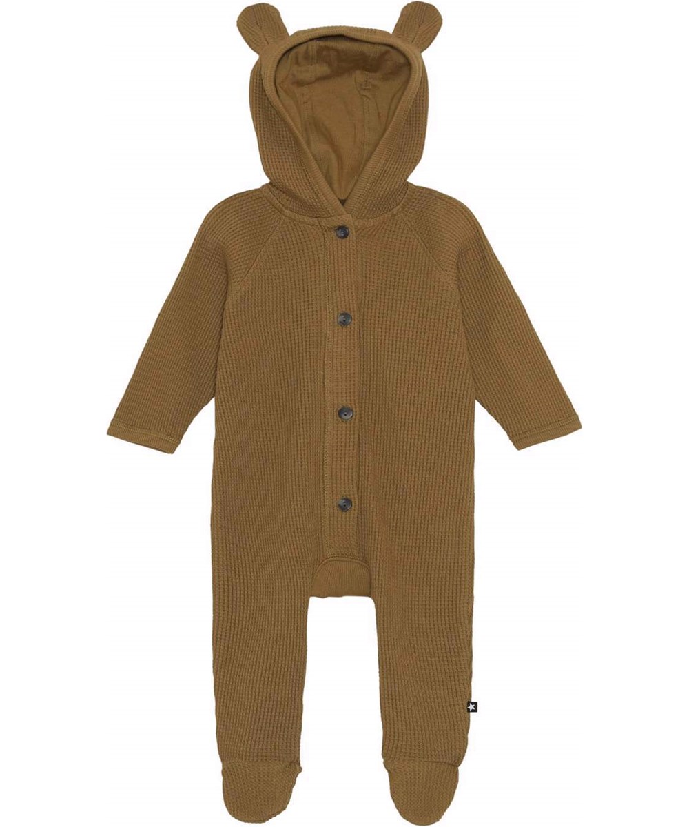 Faith - Oak - Ekologisk grönbrun våfflad babydräkt med öron.
