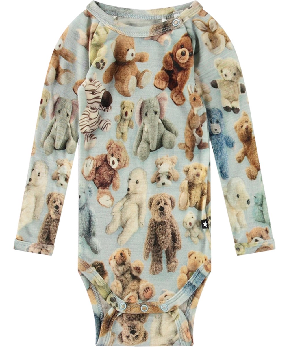 Farai - Teddy Galore - Multifärgad långärmad body med teddybjörnsmönster tillverkad av ekologisk merinoull.