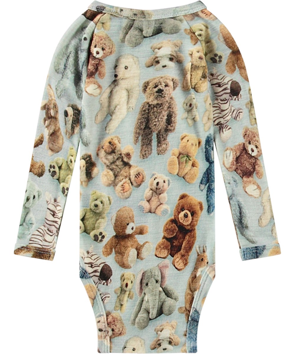 Farai - Teddy Galore - Multifärgad långärmad body med teddybjörnsmönster tillverkad av ekologisk merinoull.