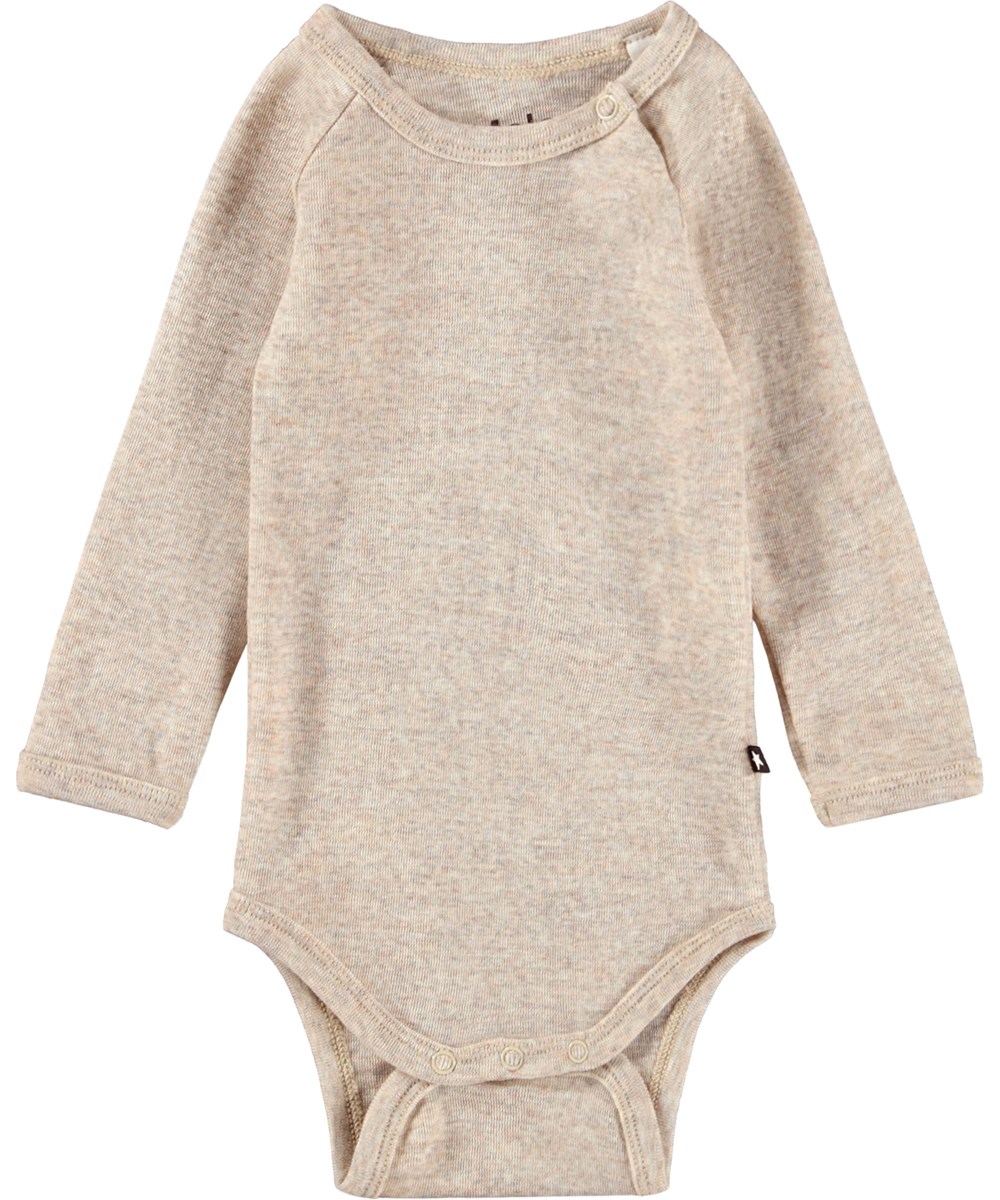 Farai Wool - Oatmeal Melange - Beige långärmad body för baby i merinoull.