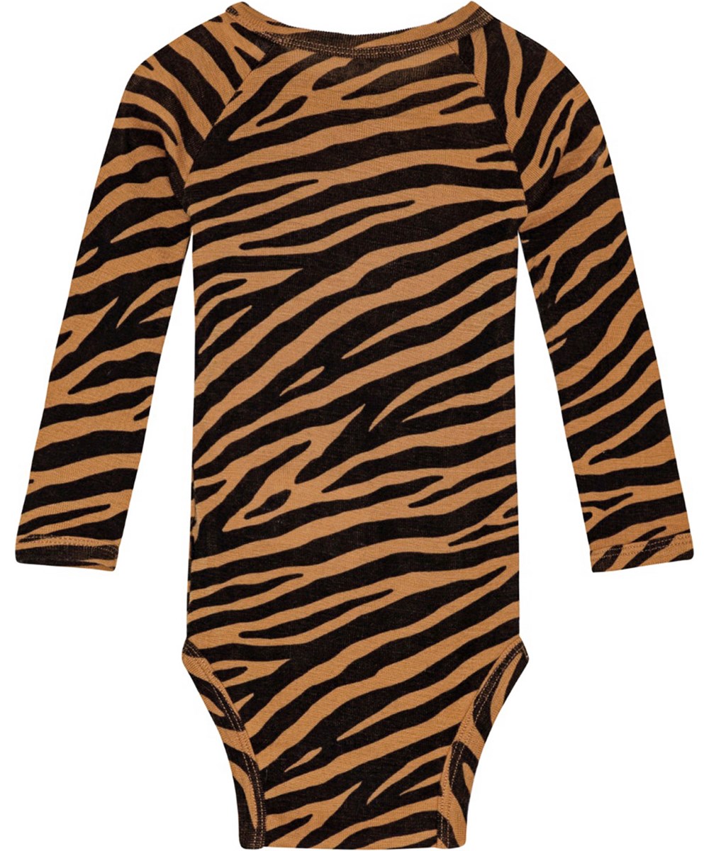 Farai - Zebra Wool - Svart och orange långärmad body med zebraränder tillverkad av ekologisk merinoull.