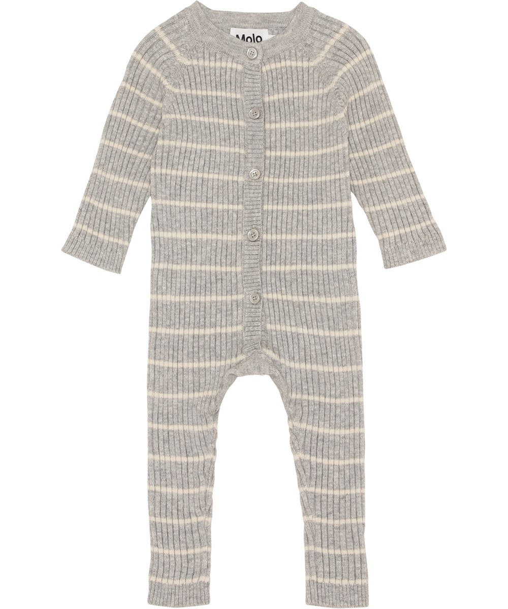 Farley - Grey Stripe - Stickad grå babydräkt med beige ränder.