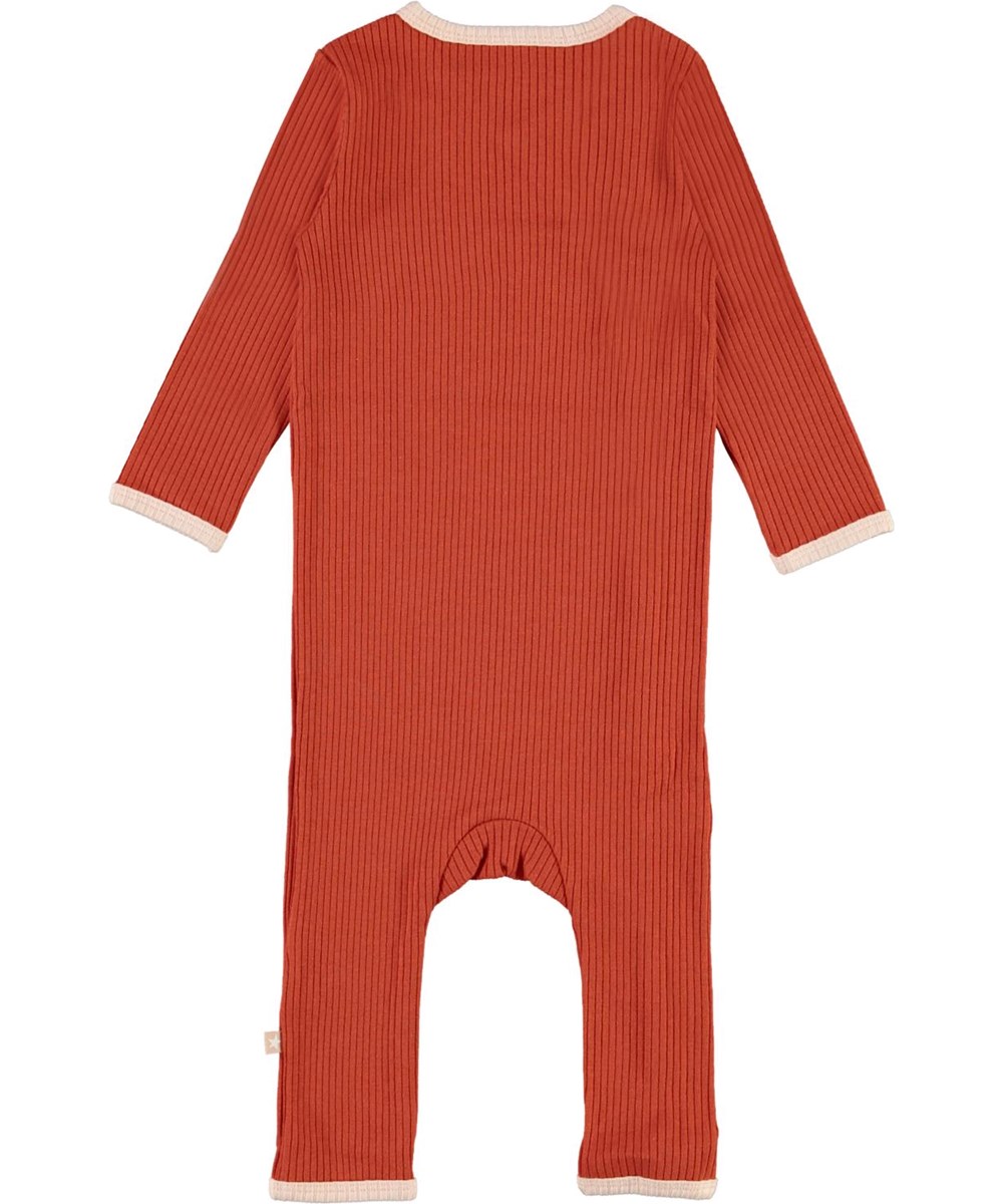 Fellow - Burnt Brick - Mörkröd baby body med rosa  kantband