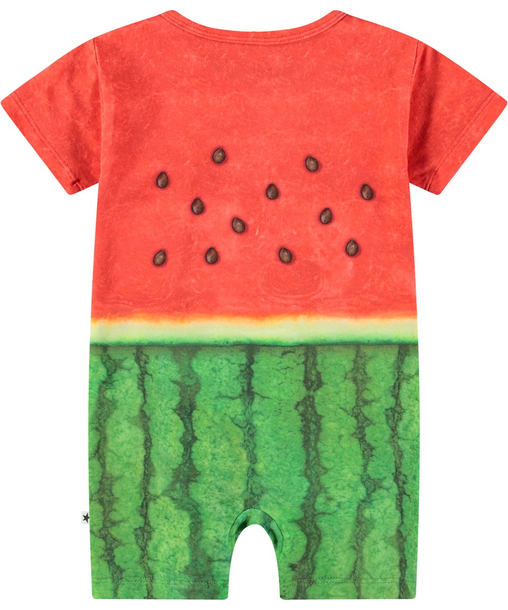 Finn - Be A Melon - Ekologisk kortärmad och kortbent overall för spädbarn med en vattenmelontryck.