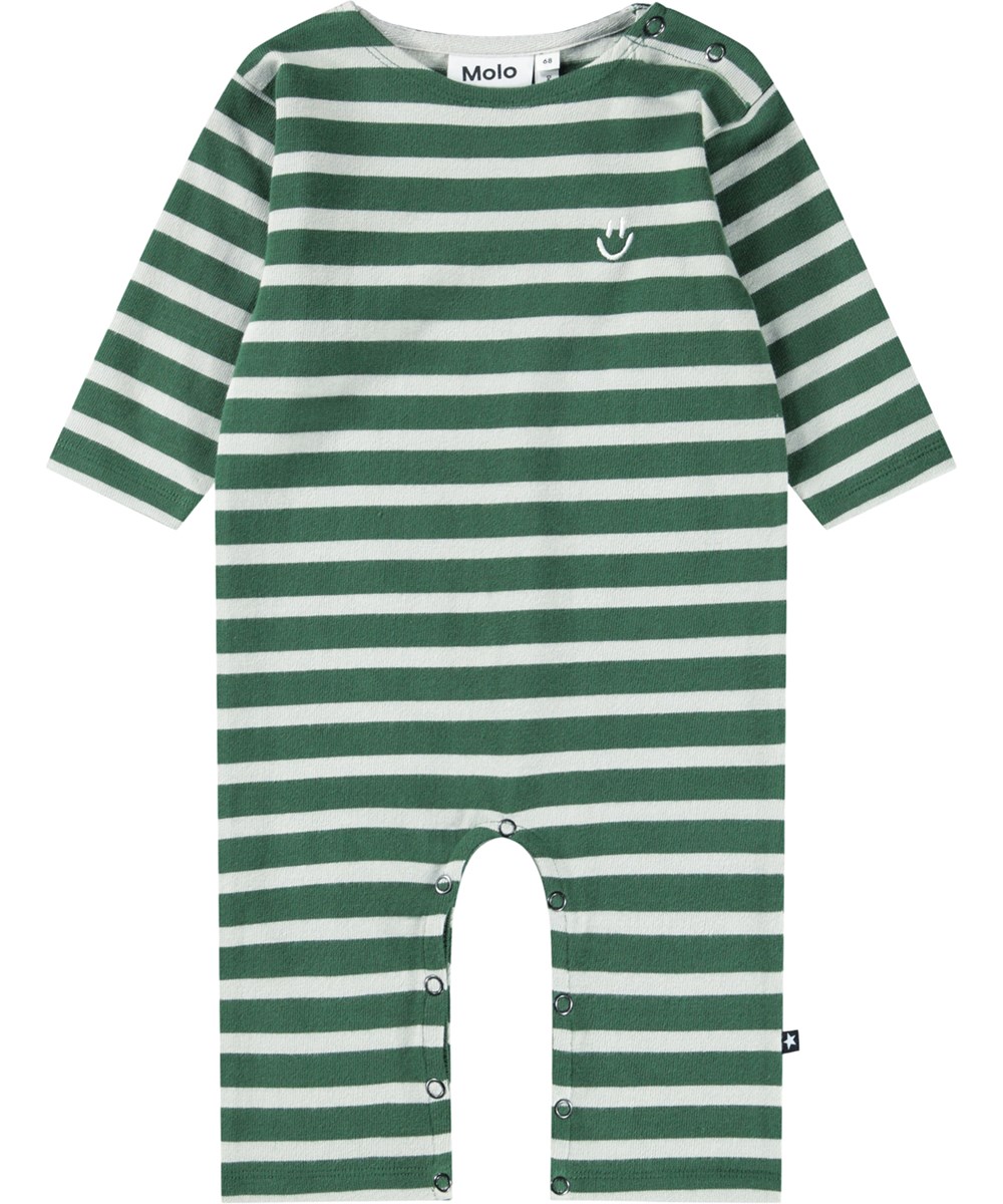 Flint - Pine Stripe - Overall i ekologisk bomull for baby med breda rander i gröna nyanser.