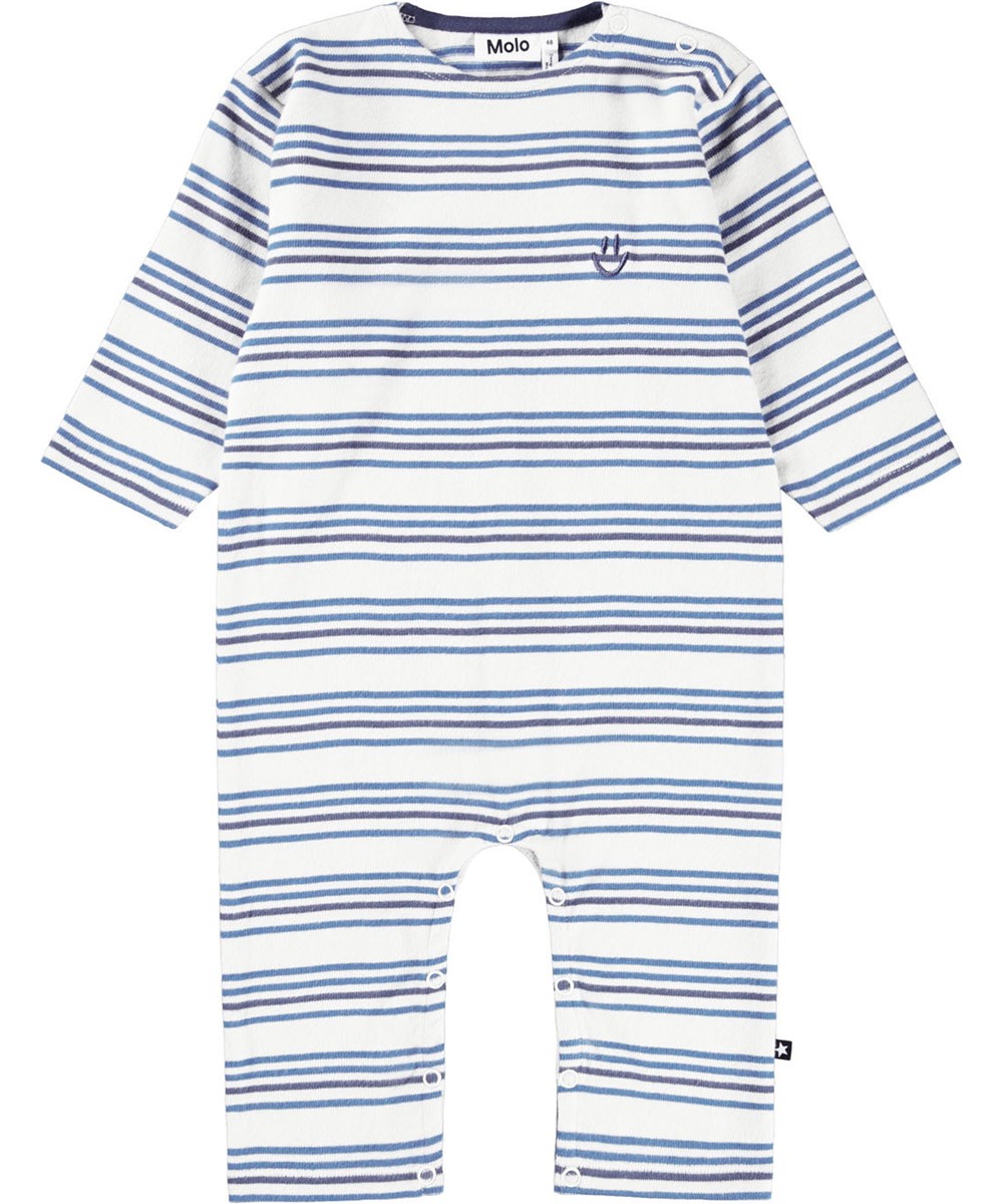 Flint - Sea Sky Stripe - Heldräkt i ekologisk bomull for baby, med rander i bla toner.
