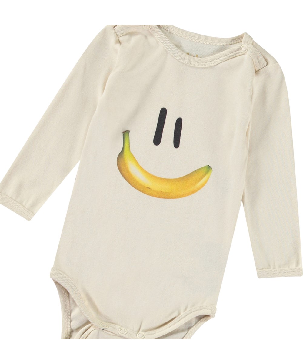 Foss - Babynanas Smile - Långärmad ekologisk bomullsbody för baby med en smiley med en bananmun.
