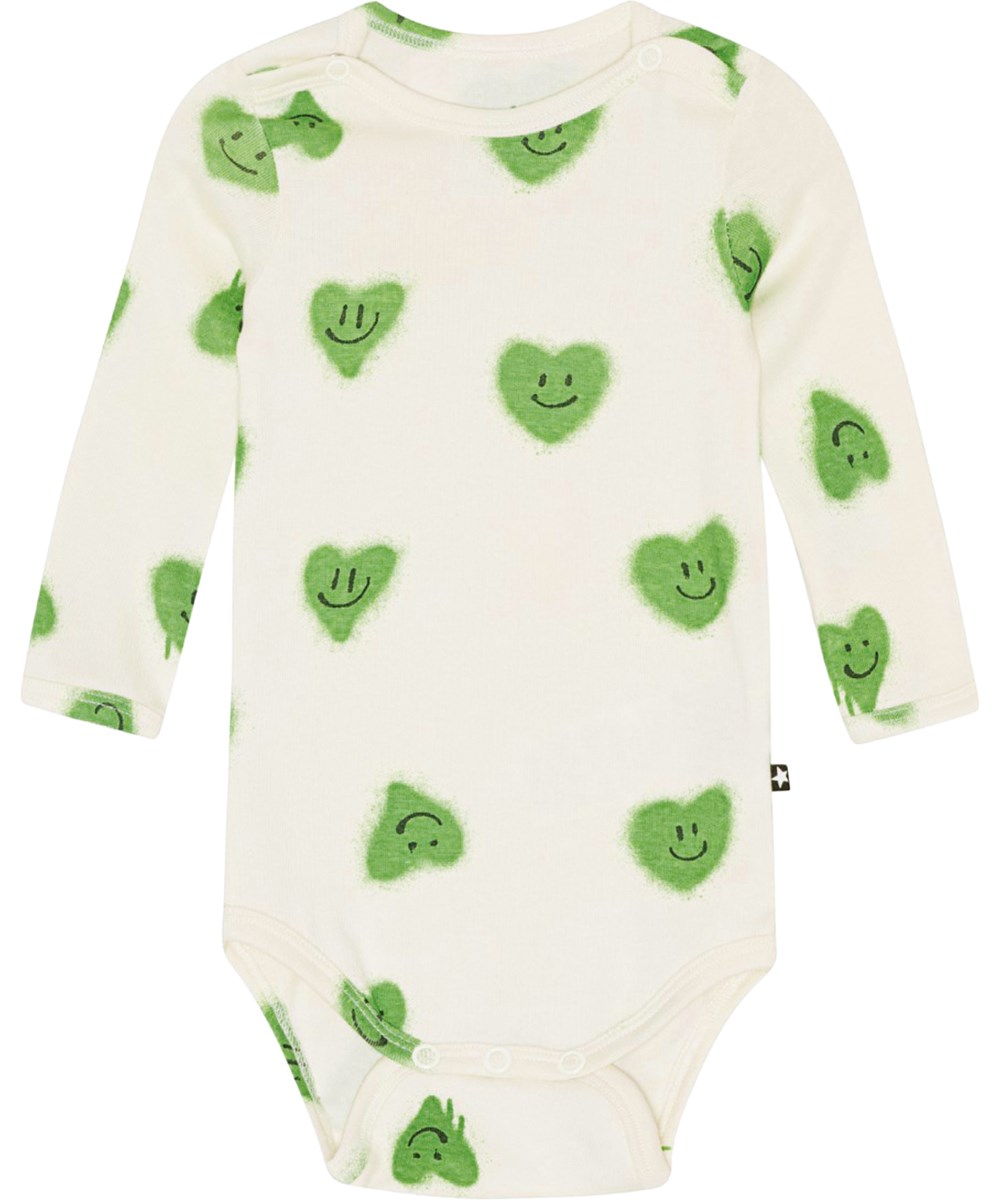Foss - Hearts - Ljusgrön babybody med långa ärmar i ekologisk bomullsjersey med smileyhjärtan. 