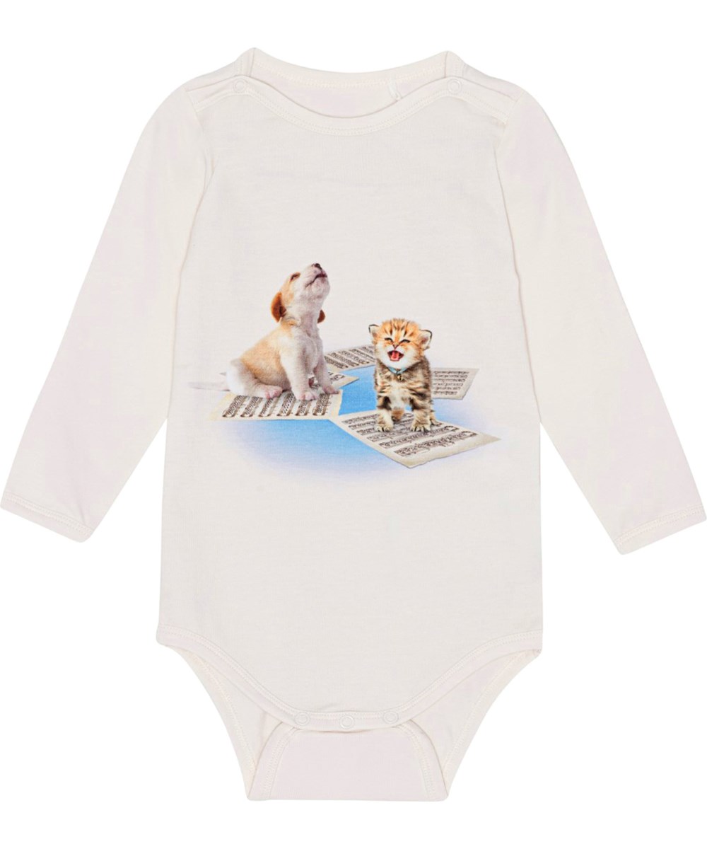 Foss - Love Music Body - Vit babybody med långa ärmar i ekologisk bomullsjersey med en hundvalp och en kattunge som sjunger. 
