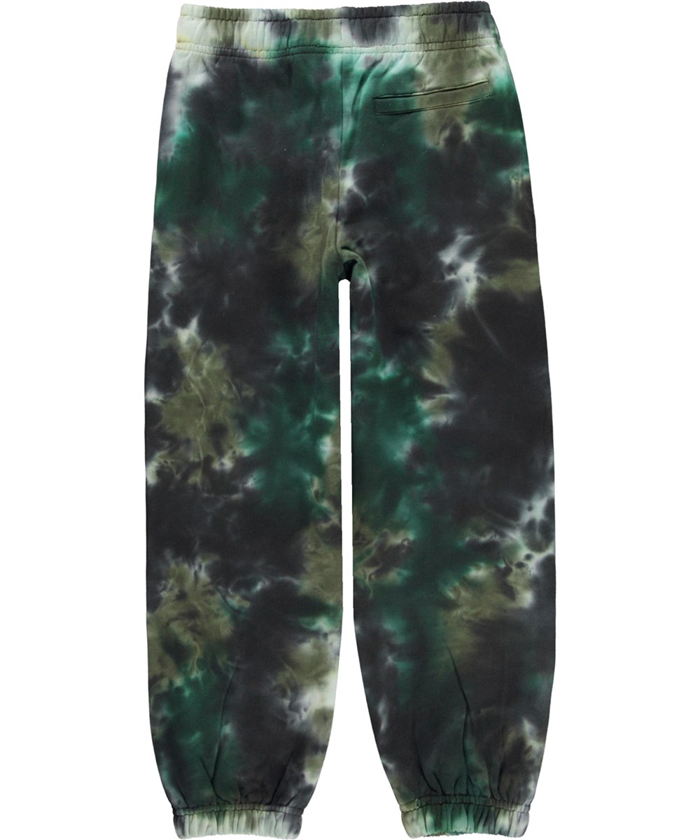 Adan - Dark Dyes - Gröna ekologiska joggingbyxor med tie-dye mönster.
