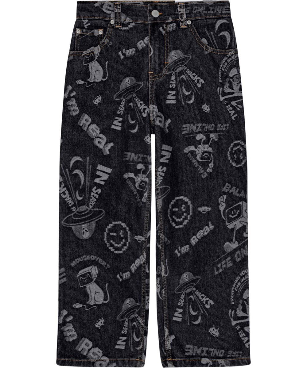 Aiden - Comic Jacquard - Svarta jeans med ett mönster av en vit seriefigur, lös passform.