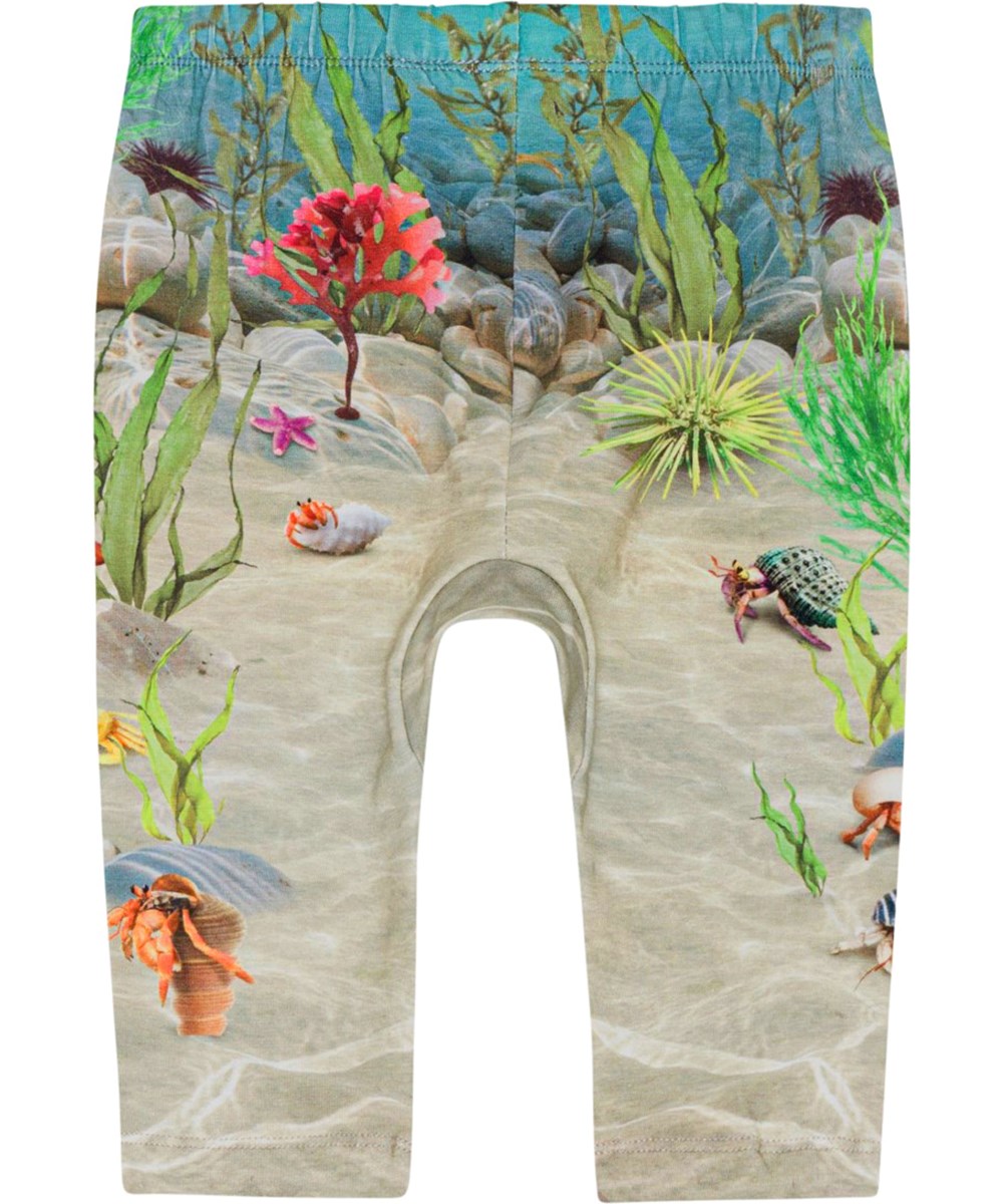 Sabb - Tropic Sea Pant - Sandfärgade byxor i ekologisk bomull med havets botten med krabbor, sjöstjärnor och växter i fina färger.