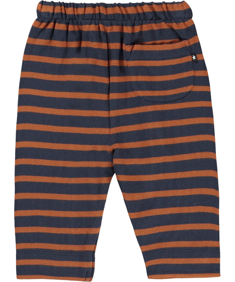 Saxon - Blue Brown - Ekologiska blå babybyxor med bruna ränder.