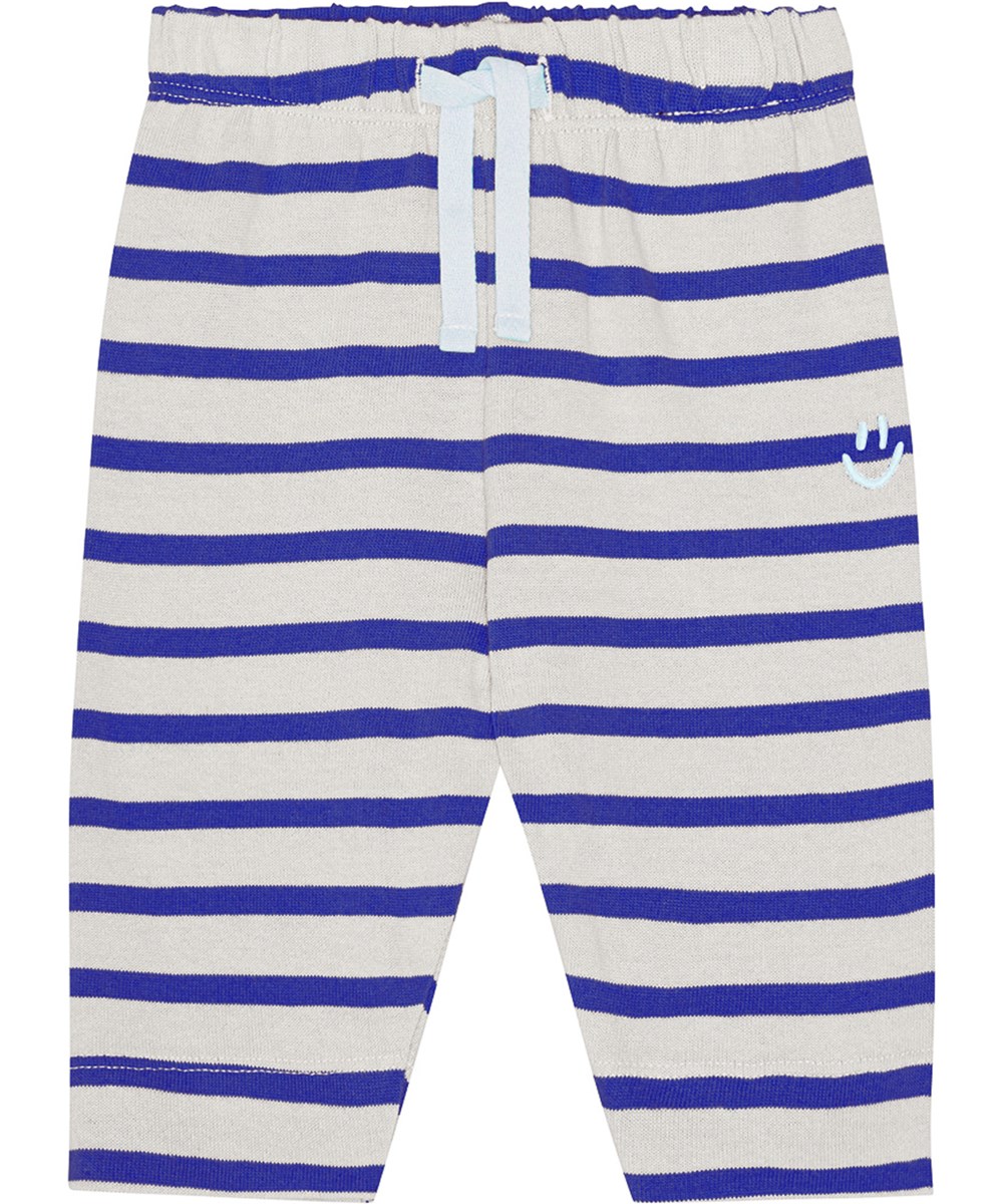 Saxon - Reef Stripe - Randiga blå och råvita byxor till baby i ekologisk bomull.