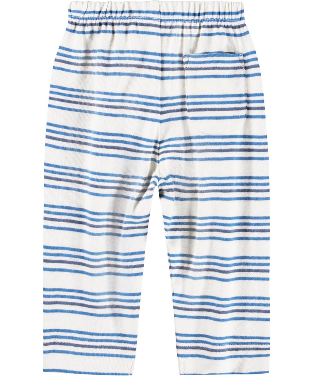Saxon - Sea Sky Stripe - Blå och vitrandiga byxor för de minsta, tillverkade i ekologisk bomull.