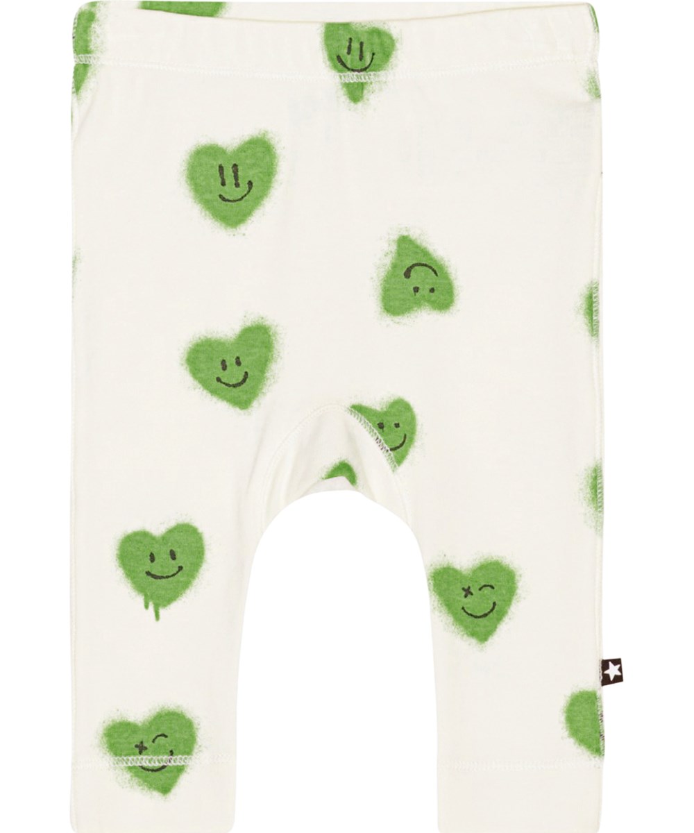 Seb - Hearts - Ljusgröna tights till baby i ekologisk bomull med smileyhjärtan. 