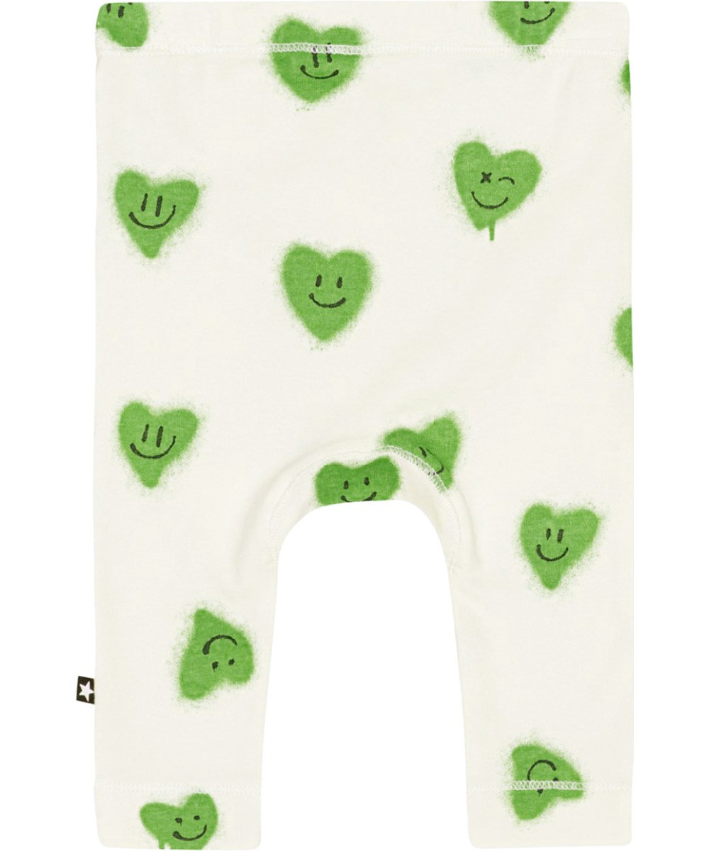 Seb - Hearts - Ljusgröna tights till baby i ekologisk bomull med smileyhjärtan. 