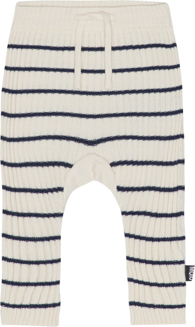 Sigmund - Cloud Stripe - Vita babybyxor med mörkblå ränder.