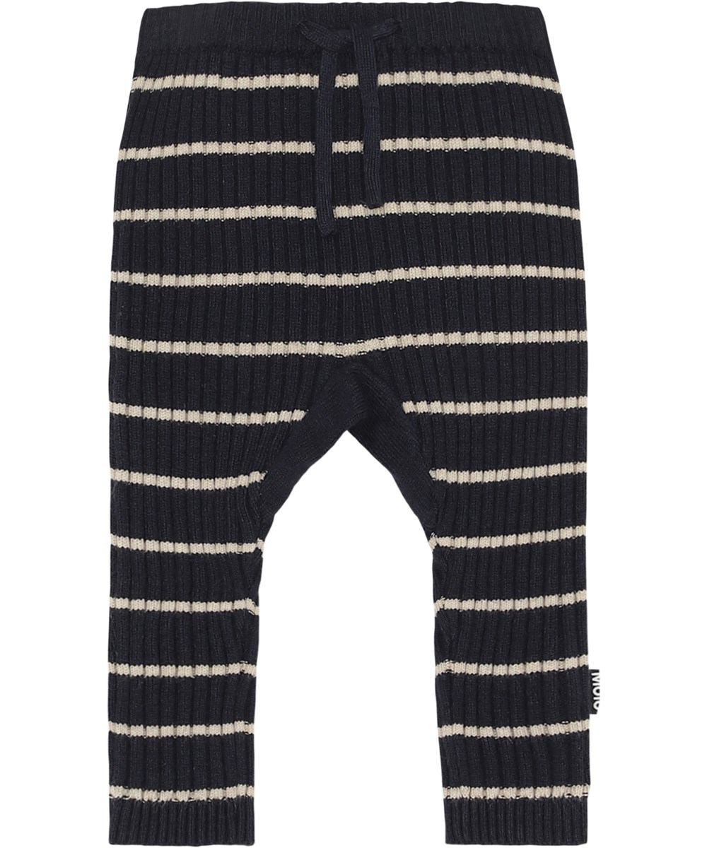 Sigmund - Galaxy Stripe - Stickade babybyxor i blå med vita ränder.