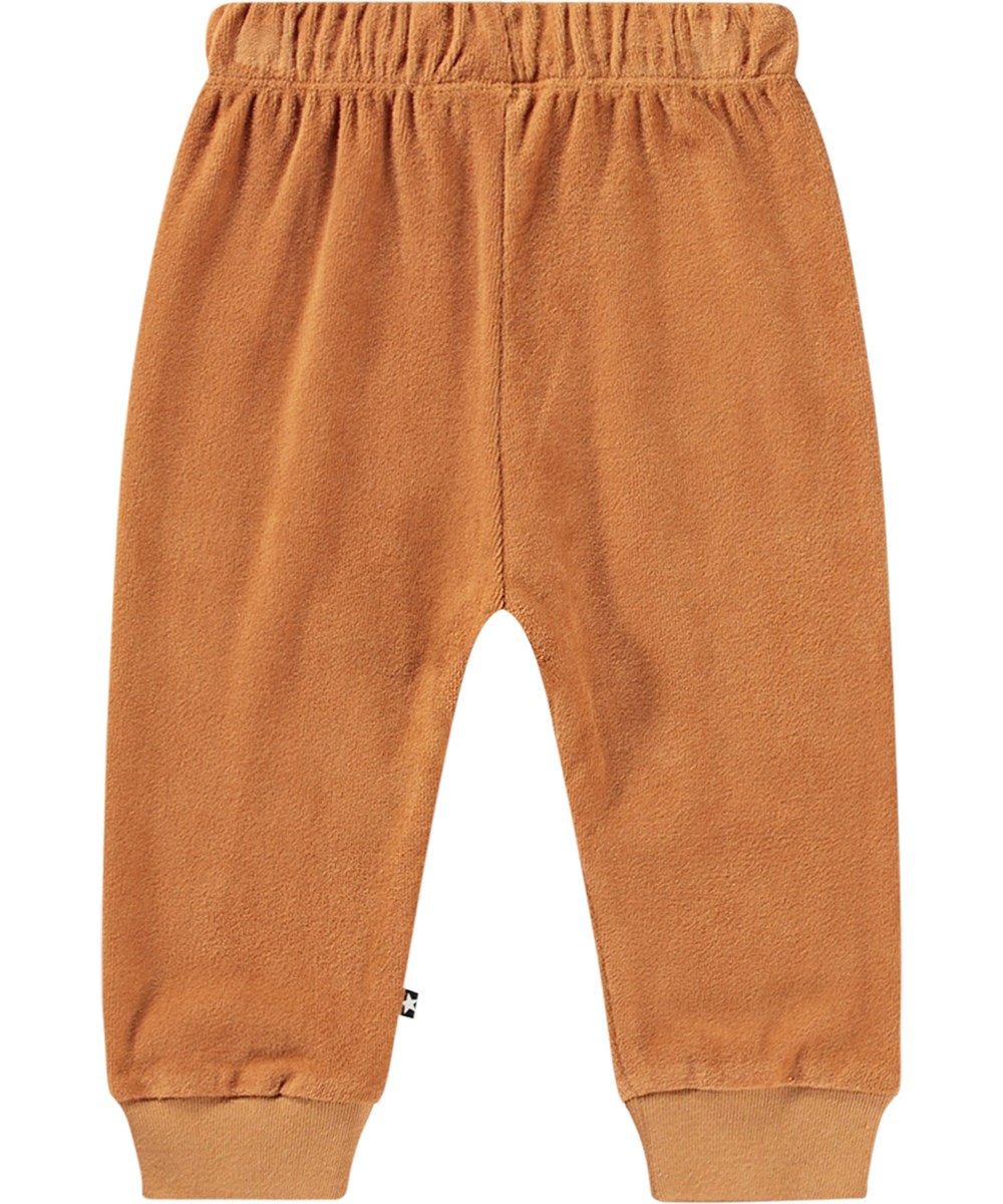 Sigo - Brown Sugar - Orangea ekologiska bomullsvelourjoggers med gummiband i midjan och dragsko.