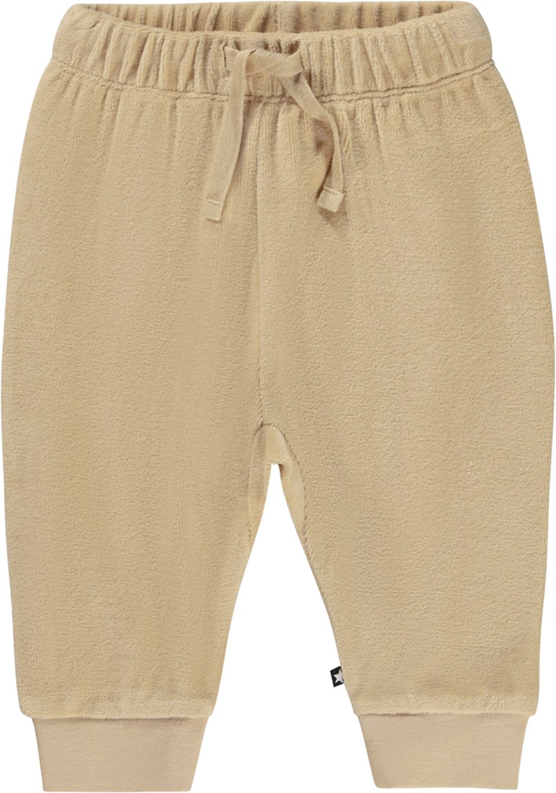 Sigo - Ridge - Beige ekologiska babybyxor i bomullsvelour.