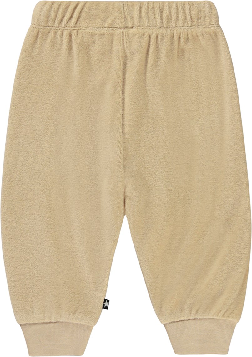 Sigo - Ridge - Beige ekologiska babybyxor i bomullsvelour.