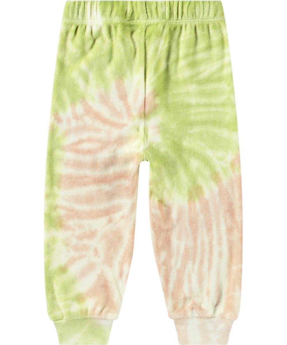 Simeon - Tie Dye Play - Gröna och rosa tie-dye mjukisbyxor för barn i ekologisk bomullsvelour.