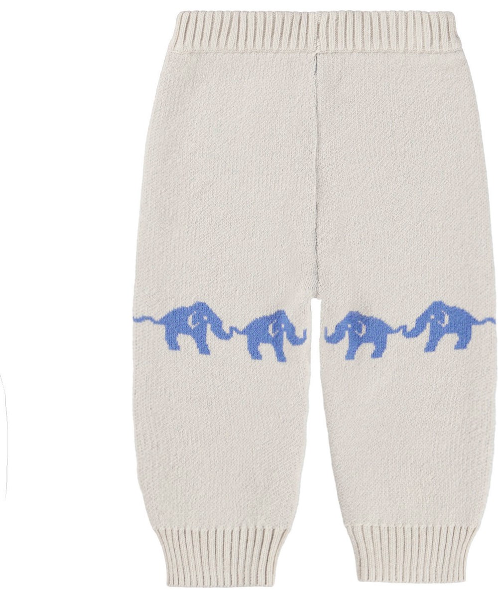 Sol - Blue Elephants - Råvita byxor för de minsta i en mjuk ribbstickad bomull- och ullblandning med en kant av blå elefanter.