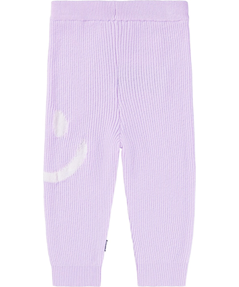 Stinus - Purple Smile - Små stickade byxor för de minsta i en mjuk bomull- och ullribb med ett leende ansikte på låret.