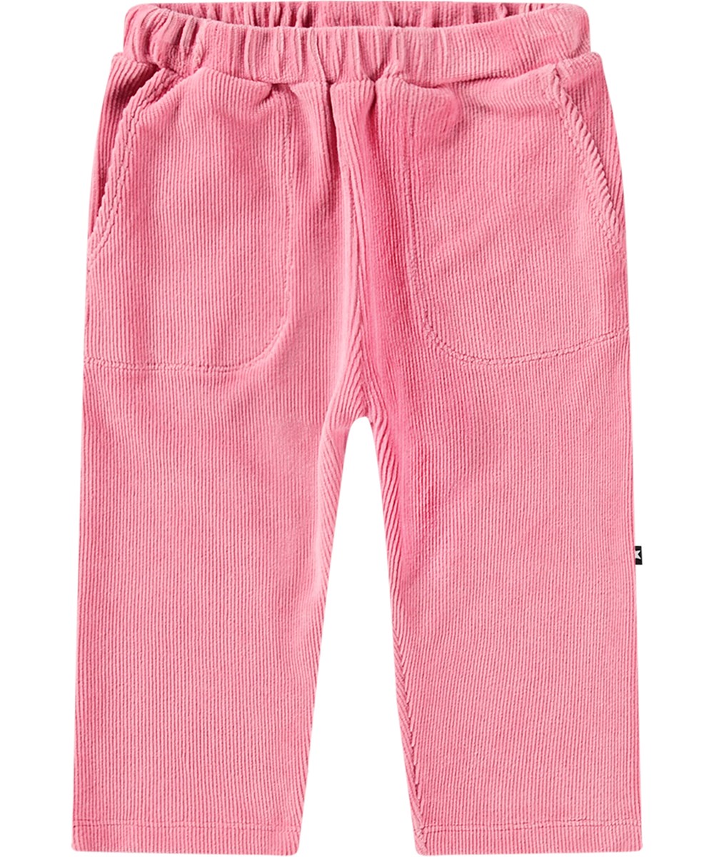 Suri - Flamingo Plume - Mjuka, ribbade, rosa byxor i sammet med lös passform och framfickor.