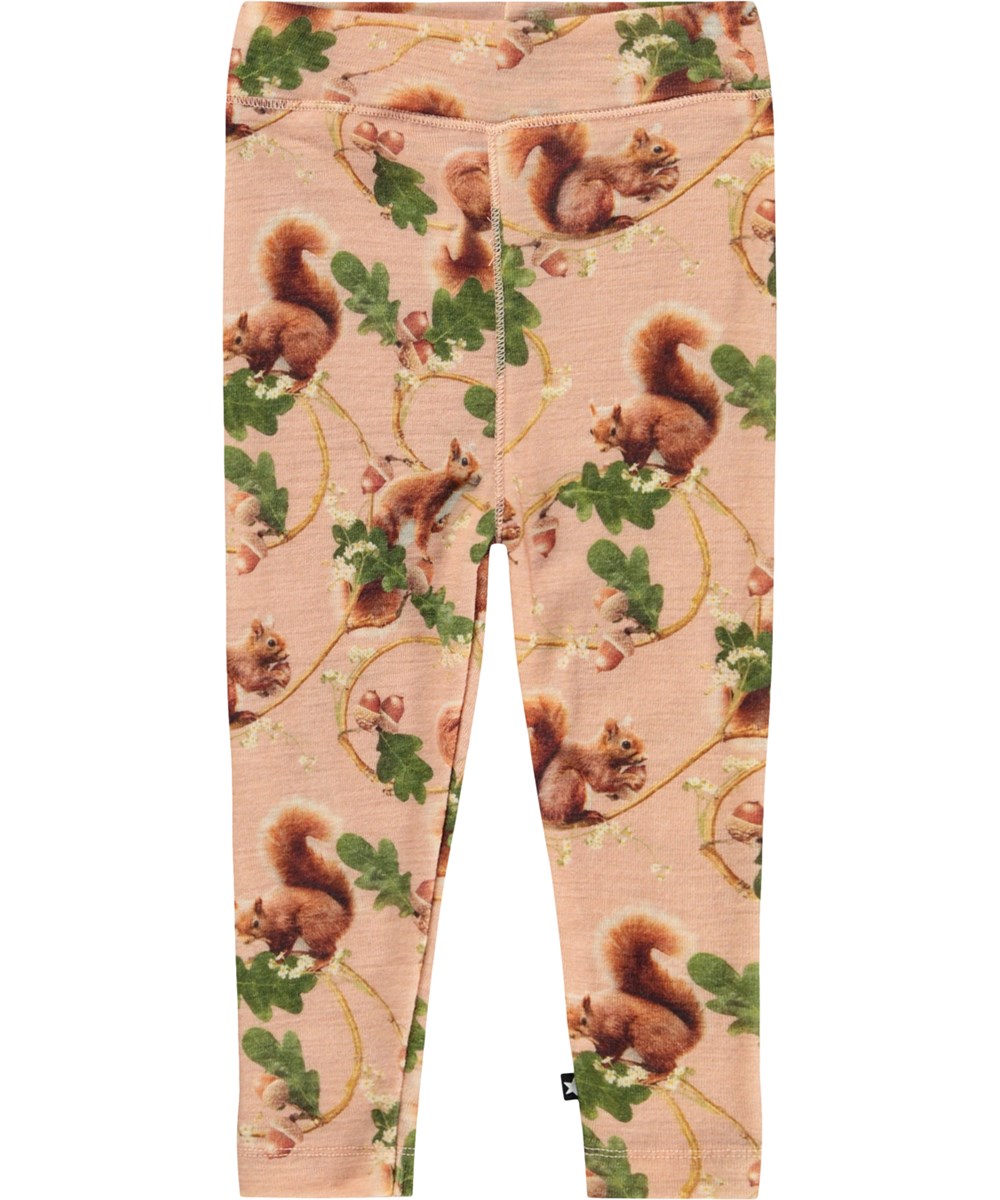 Sting Wool - Squirrel Harmony - Rosa baby leggings i merinoull med ekorrmönster.