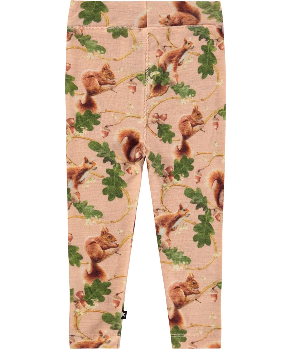 Sting Wool - Squirrel Harmony - Rosa baby leggings i merinoull med ekorrmönster.