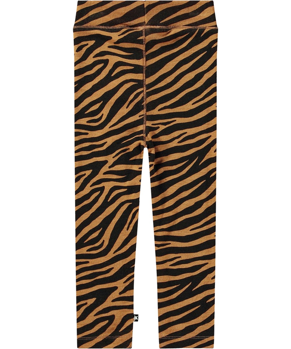 Sting - Zebra Wool - Svarta och orangea leggings med zebraränder i ekologisk merinoull.