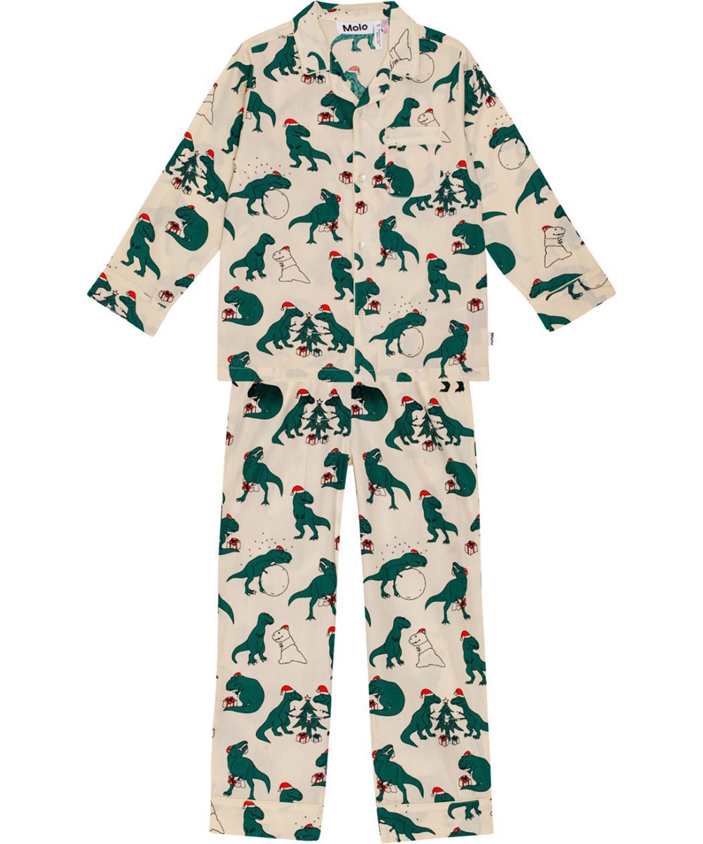 Lex -  Dino Dreams - Beige och grön pyjamas i ekologisk bomull med dinosaurieprint.