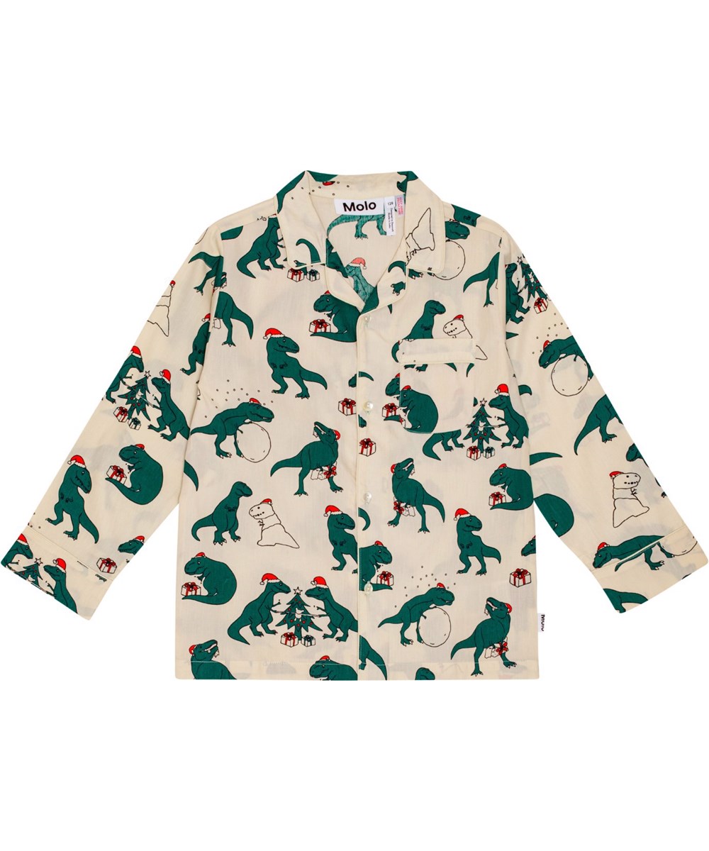 Lex -  Dino Dreams - Beige och grön pyjamas i ekologisk bomull med dinosaurieprint.
