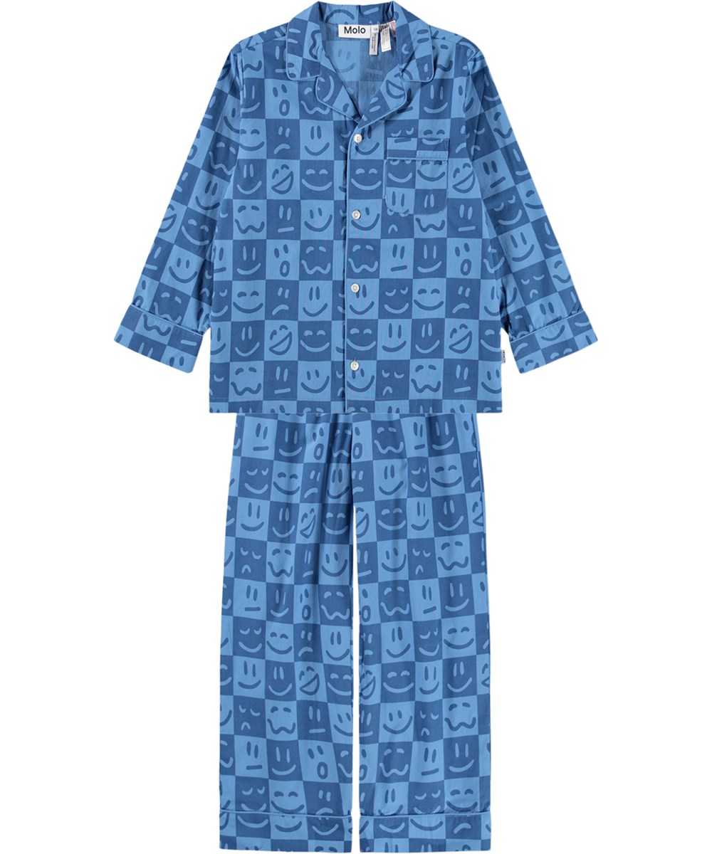 Lex - Blue Vibes - Blått rutigt pyjamaset för barn i ekologisk bomull med mönster